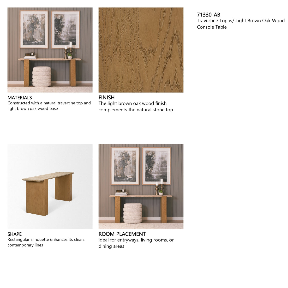 Milos Travertine Top w/ Light Brown Oak Wood Console Table