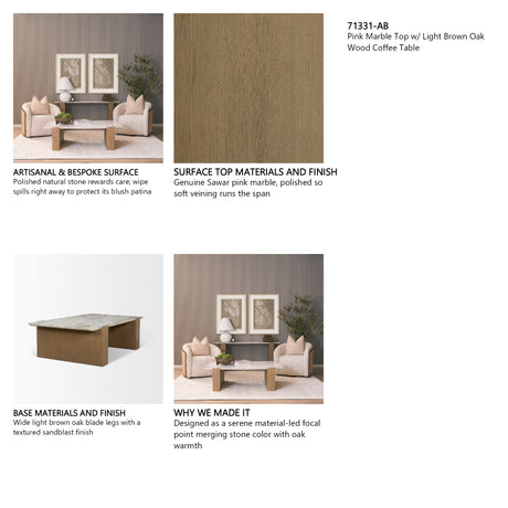 Milos Pink Marble Top w/ Light Brown Oak Wood Coffee Table from Mercana - Luna Furniture
