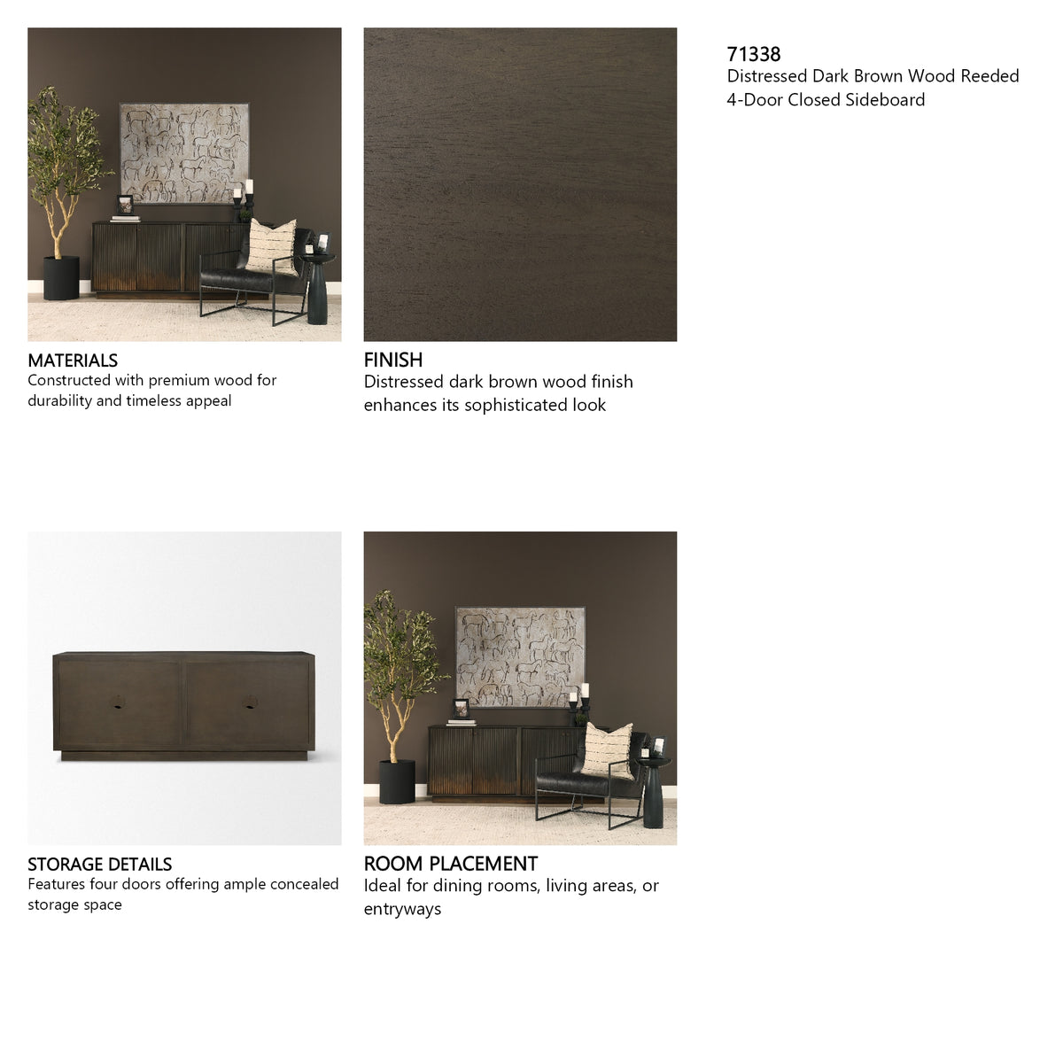 Cinder Distressed Dark Brown Wood Reeded 4-Door Closed Sideboard