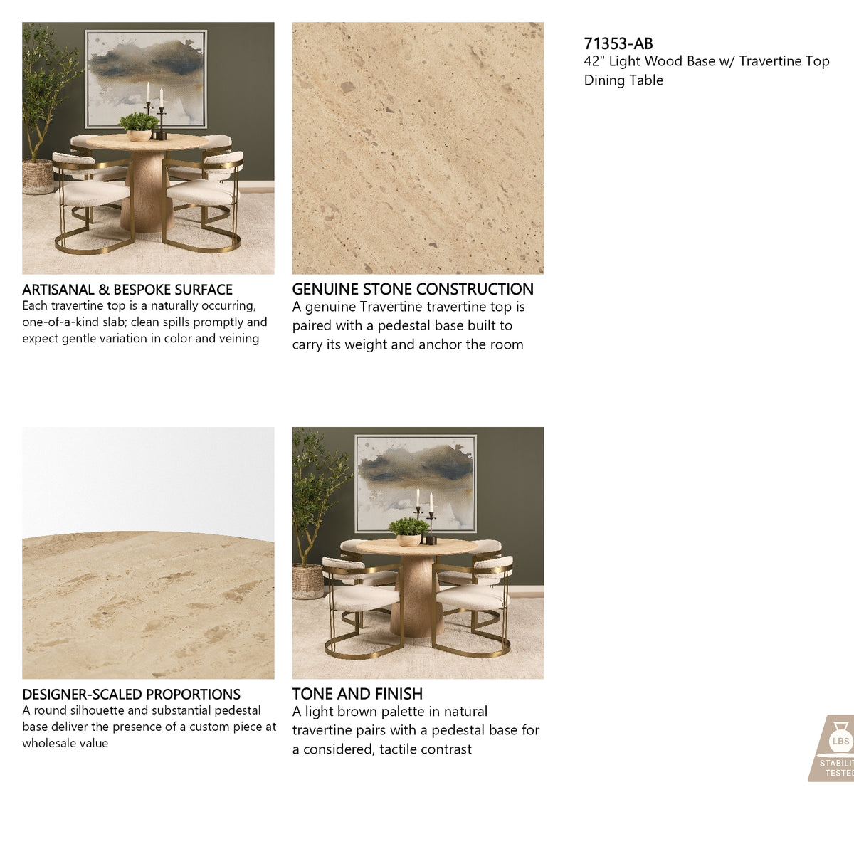 Allyson 42" Light Wood Base w/ Travertine Top Dining Table from Mercana - Luna Furniture
