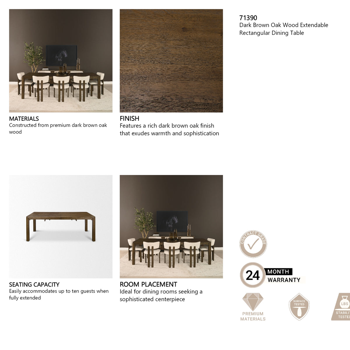 Kendrix 84" Dark Brown Oak Wood Extendable Rectangular Dining Table from Mercana - Luna Furniture
