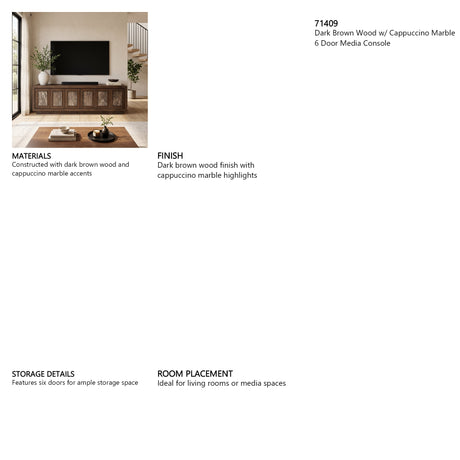 Valterra Dark Brown Wood Media Console with Cappuccino Marble 6 Doors from Mercana - Luna Furniture