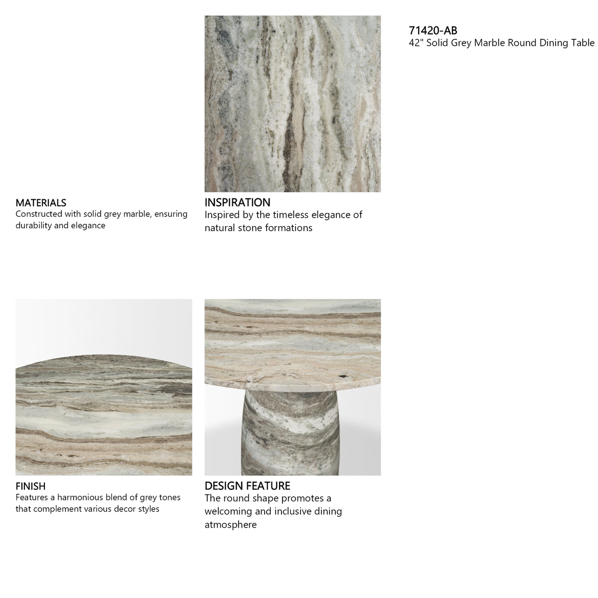 Allyson 42" Round Pedestal Dining Table | Marble | Seats 4