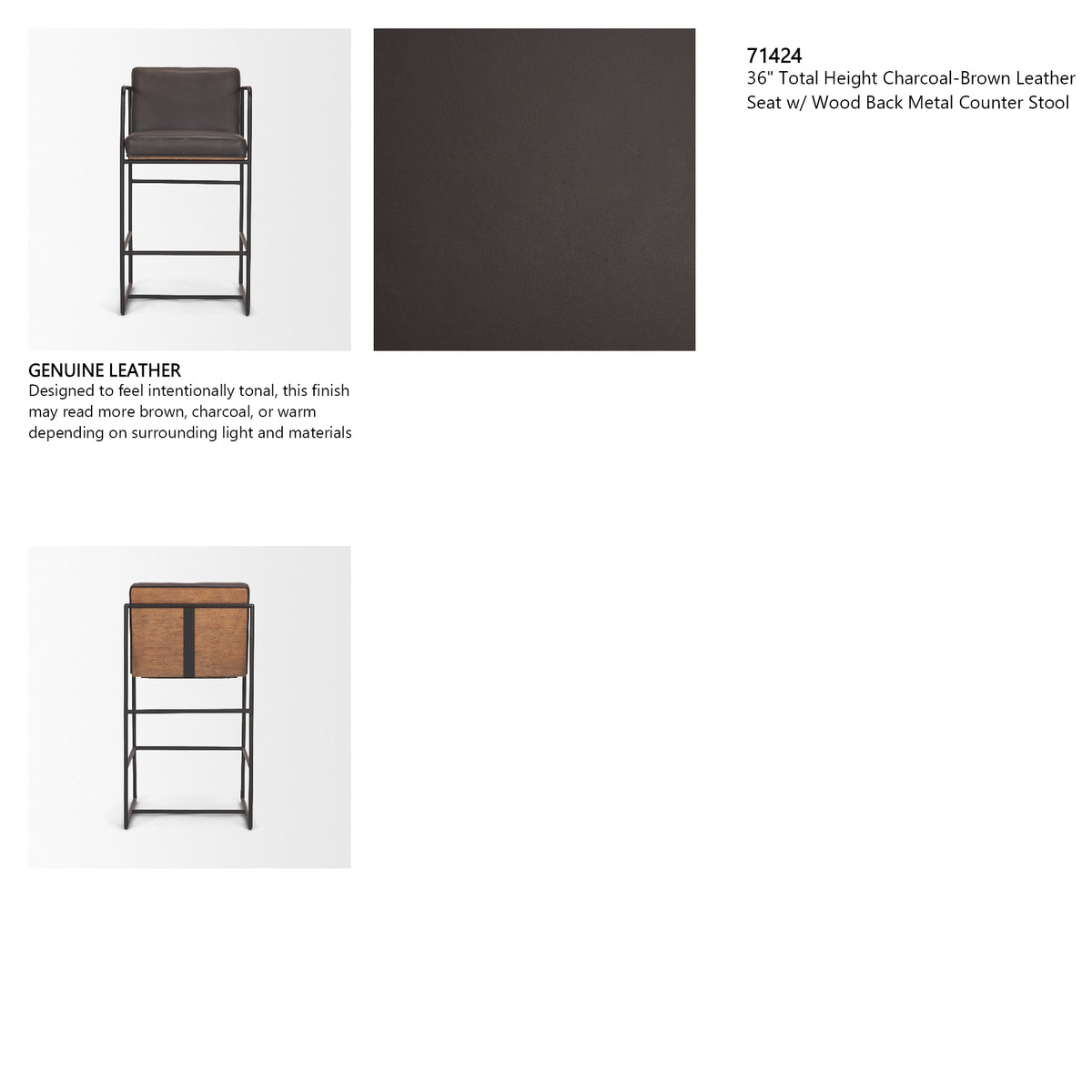 Stamford 36" Total Height Charcoal-Brown Leather Seat w/ Wood Back Metal Counter Stool from Mercana - Luna Furniture
