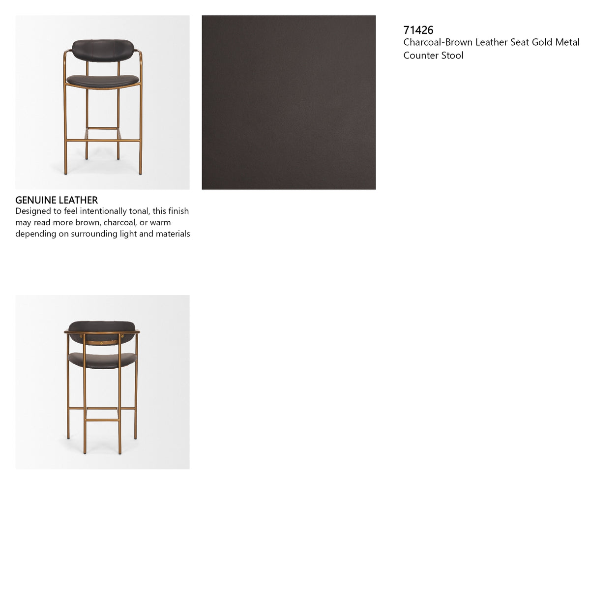 Parker Charcoal-Brown Leather Seat Gold Metal Counter Stool from Mercana - Luna Furniture