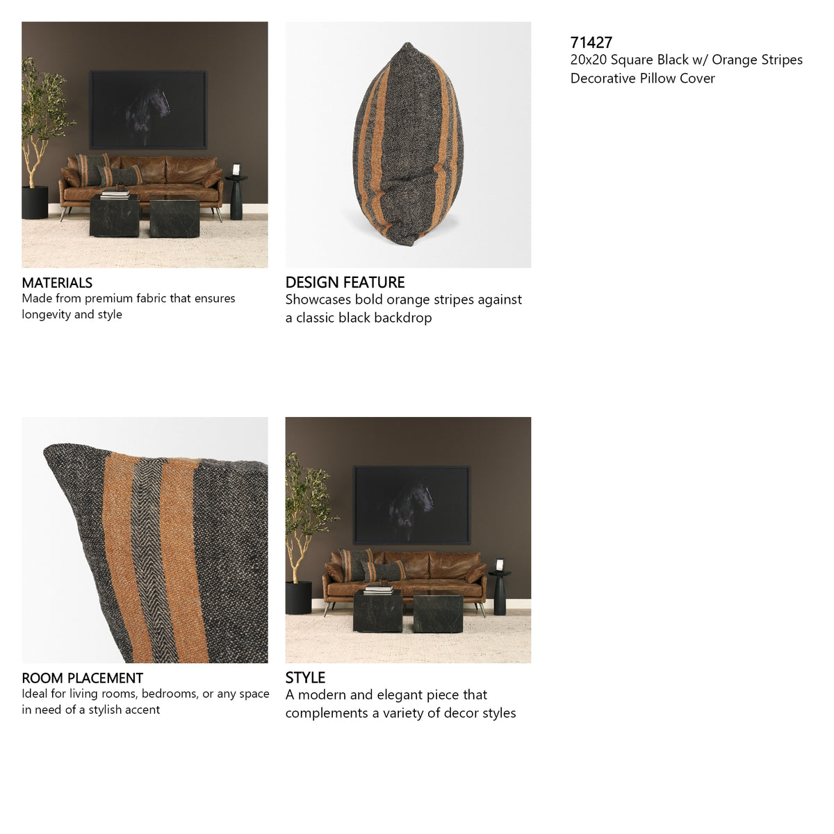 Mercer 20x20 Square Black w/Orange Stripes Decorative Pillow Cover from Mercana - Luna Furniture
