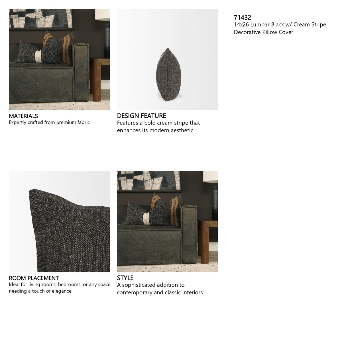Cooper 14x26 Lumbar Black w/ Cream Stripe Decorative Pillow Cover from Mercana - Luna Furniture