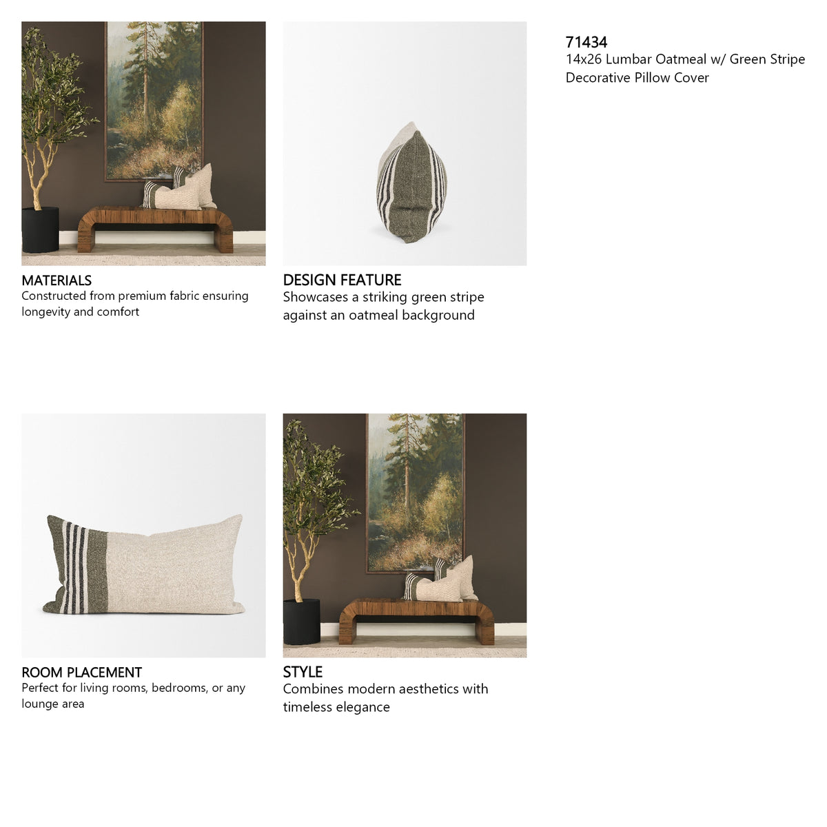 Hunter 14x26 Lumbar Oatmeal w/ Green Stripe Decorative Pillow Cover from Mercana - Luna Furniture