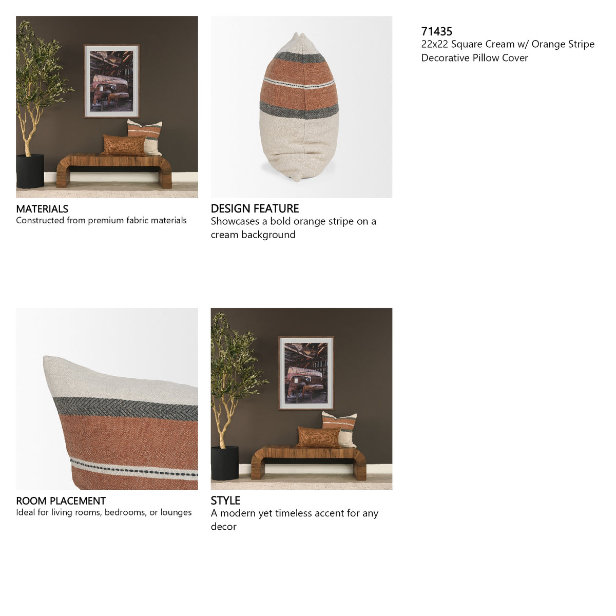 Mason 22x22 Square Cream w/ Orange Stripe Decorative Pillow Cover from Mercana - Luna Furniture