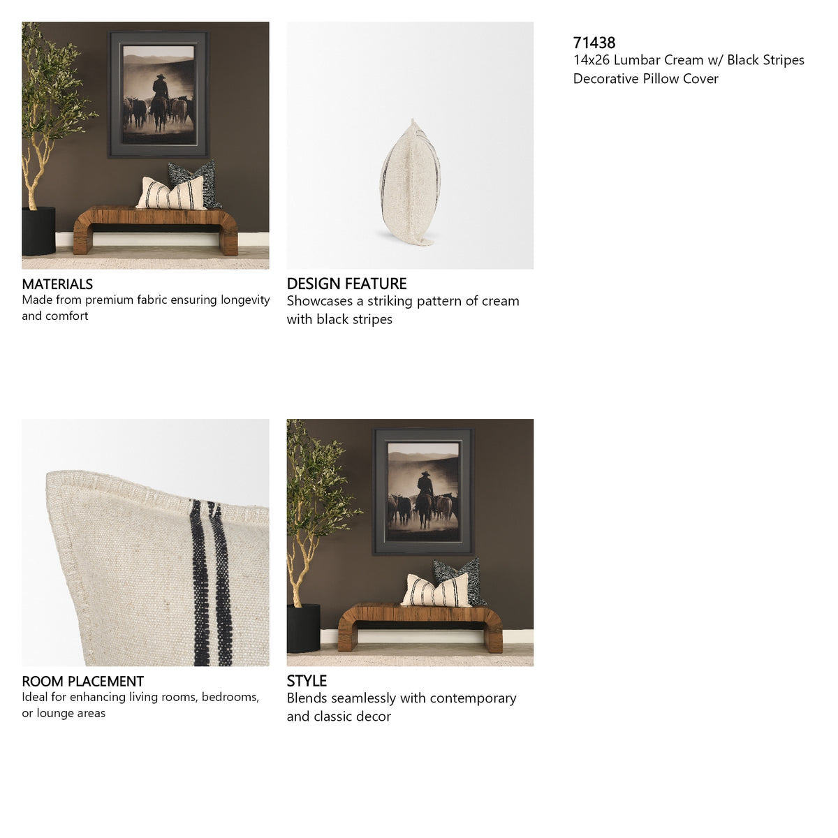 Liv 14x26 Lumbar Cream w/ Black Stripes Decorative Pillow Cover from Mercana - Luna Furniture