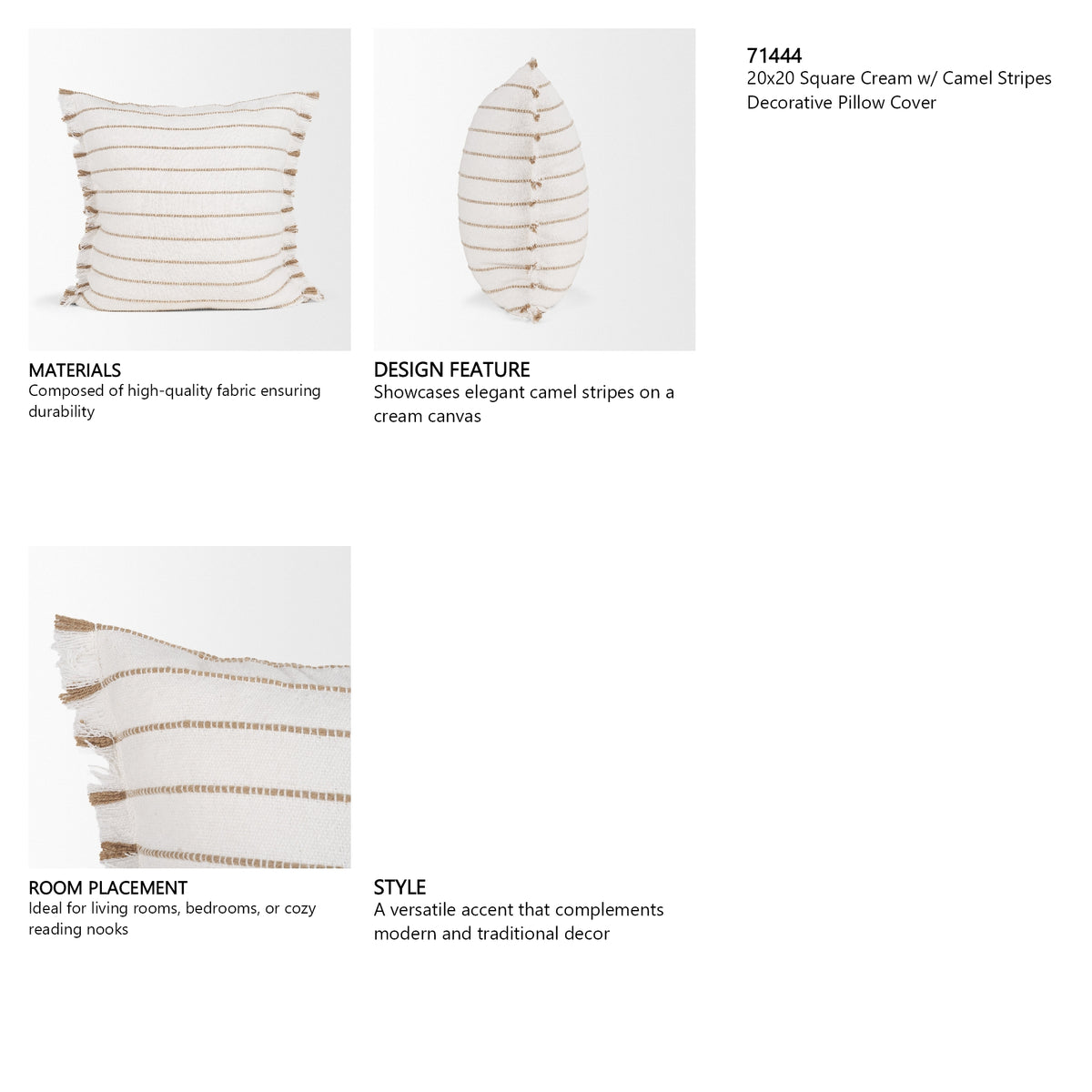 Willow 20x20 Square Cream w/ Camel Stripes Decorative Pillow Cover from Mercana - Luna Furniture