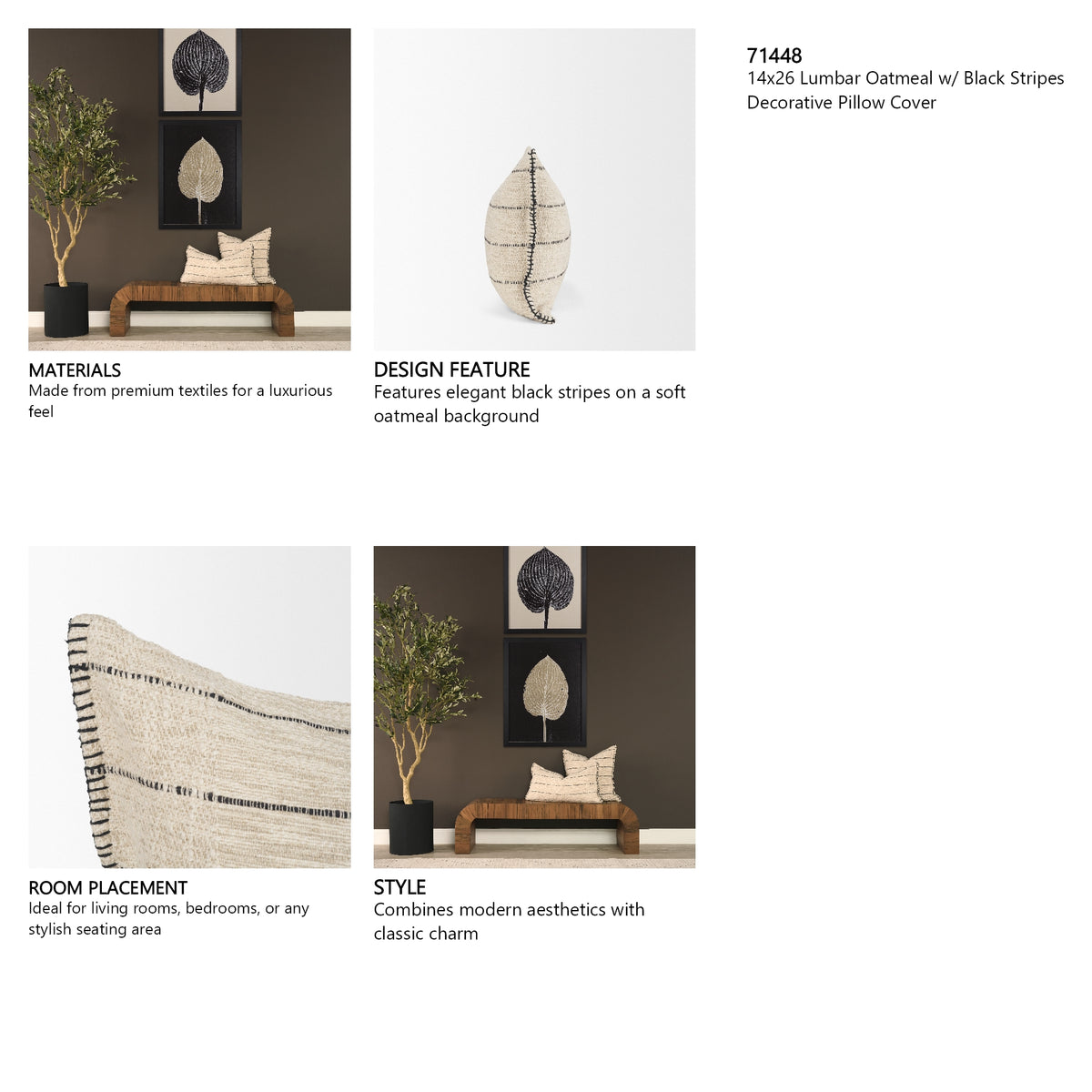 Lyle 14x26 Lumbar Oatmeal w/ Black Stripes Decorative Pillow Cover from Mercana - Luna Furniture