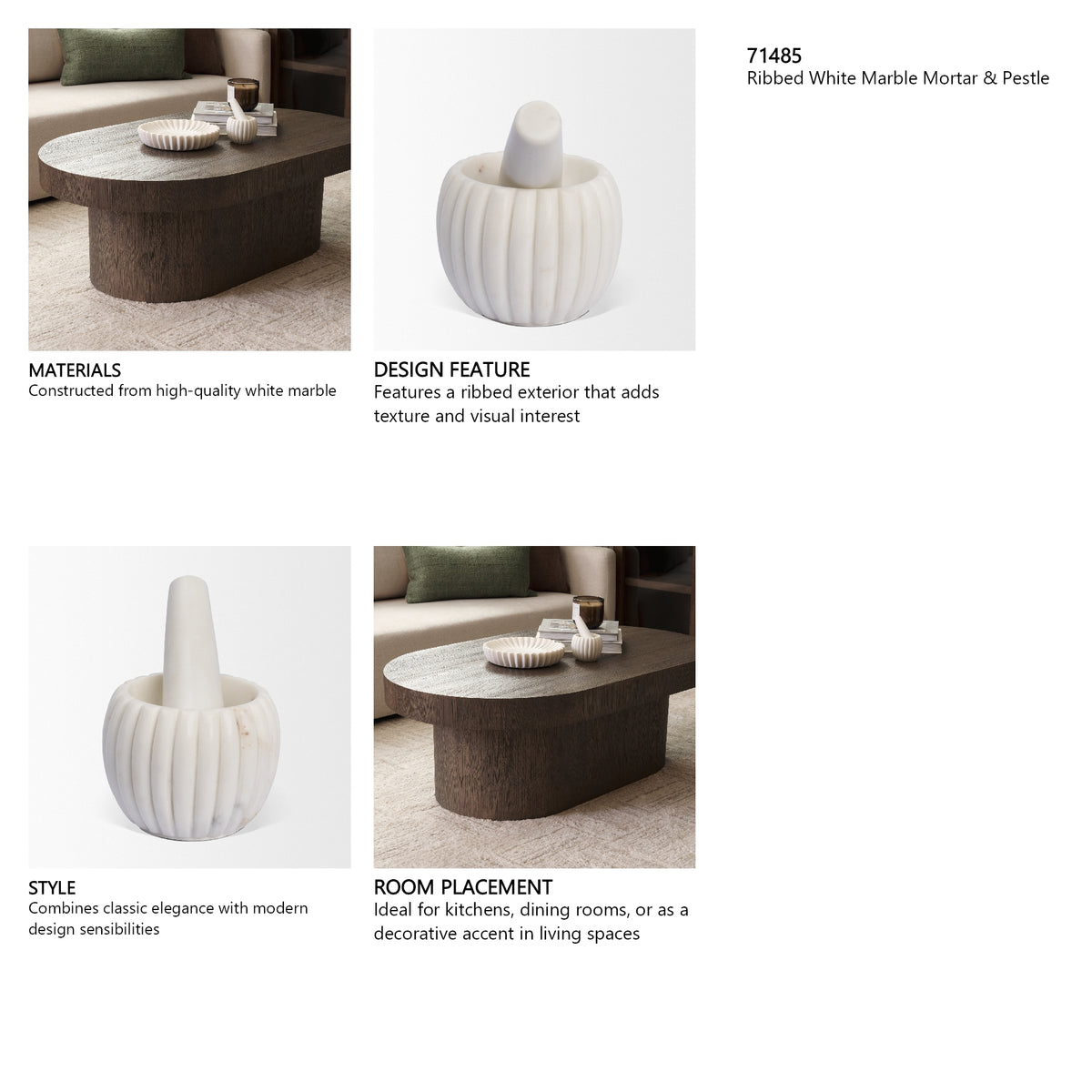 Cava Ribbed White Marble Mortar & Pestle from Mercana - Luna Furniture