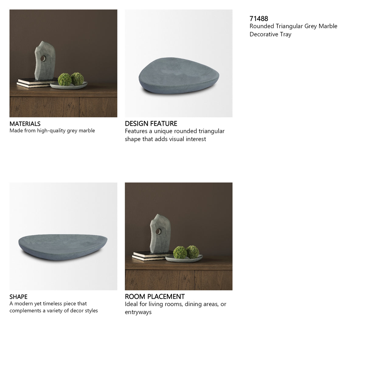 Tria Rounded Triangular Grey Marble Decorative Tray from Mercana - Luna Furniture
