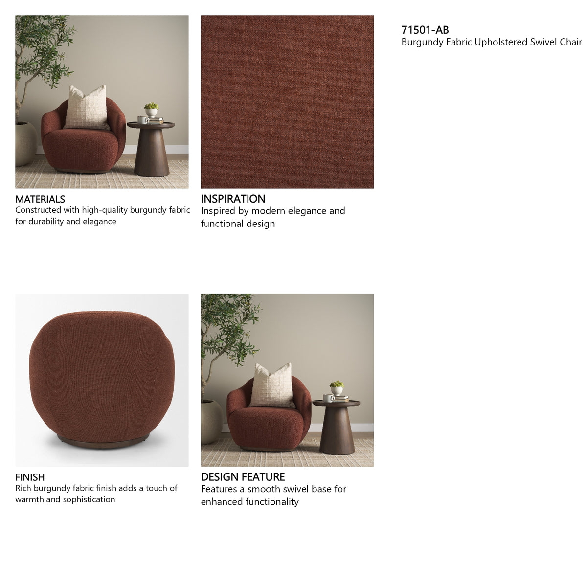 Hudson Burgundy Fabric Upholstered Swivel Chair from Mercana - Luna Furniture
