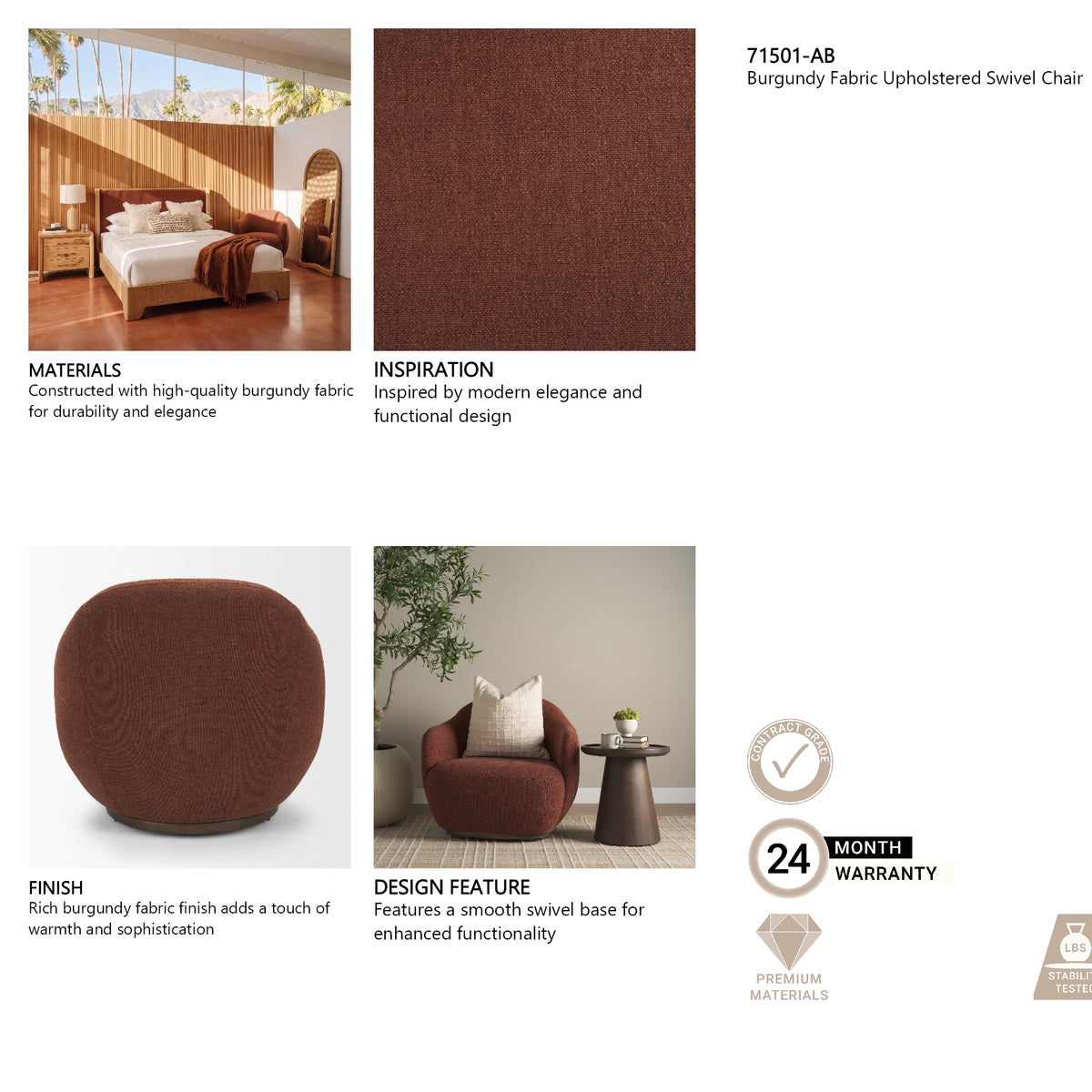 Hudson Burgundy Fabric Upholstered Swivel Chair from Mercana - Luna Furniture