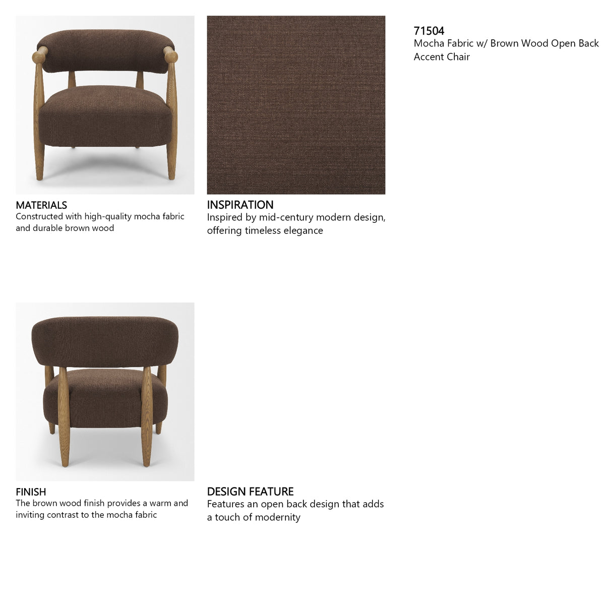 Lewis Mocha Fabric w/ Brown Wood Open Back Accent Chair from Mercana - Luna Furniture