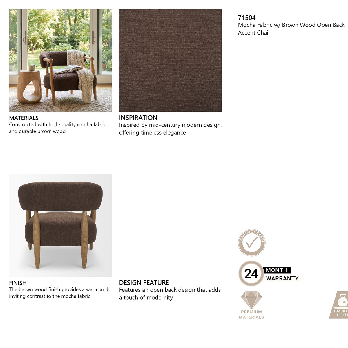 Lewis Mocha Fabric w/ Brown Wood Open Back Accent Chair from Mercana - Luna Furniture