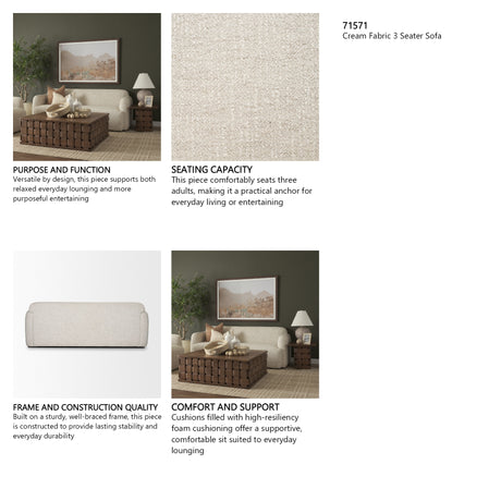 Saga Cream Fabric 3 Seater Sofa from Mercana - Luna Furniture