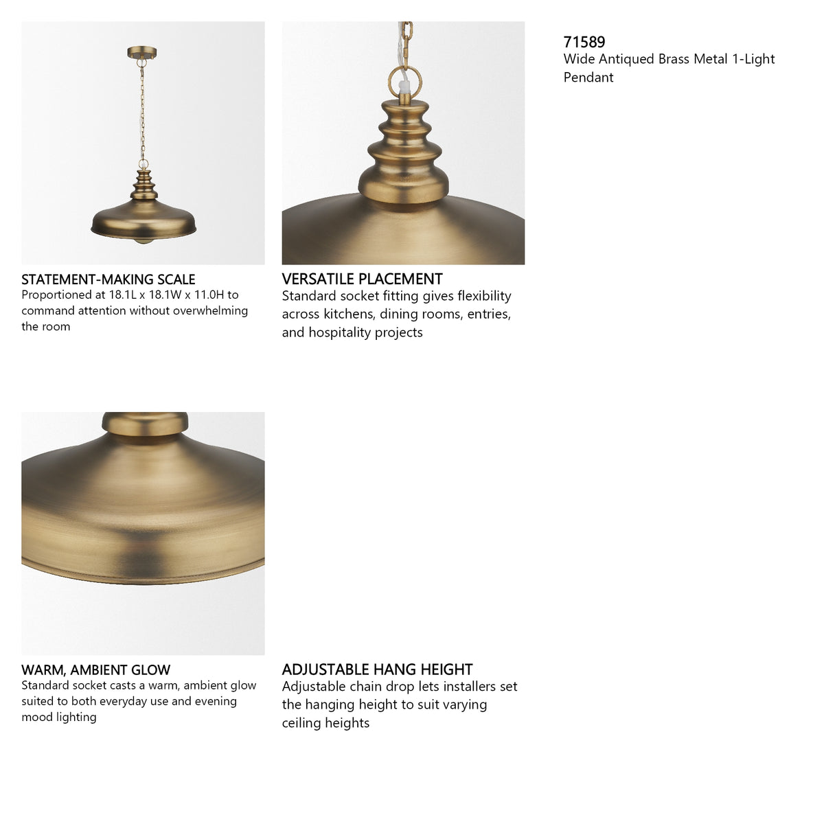 Keller Wide Antiqued Brass Metal 1-Light Pendant from Mercana - Luna Furniture