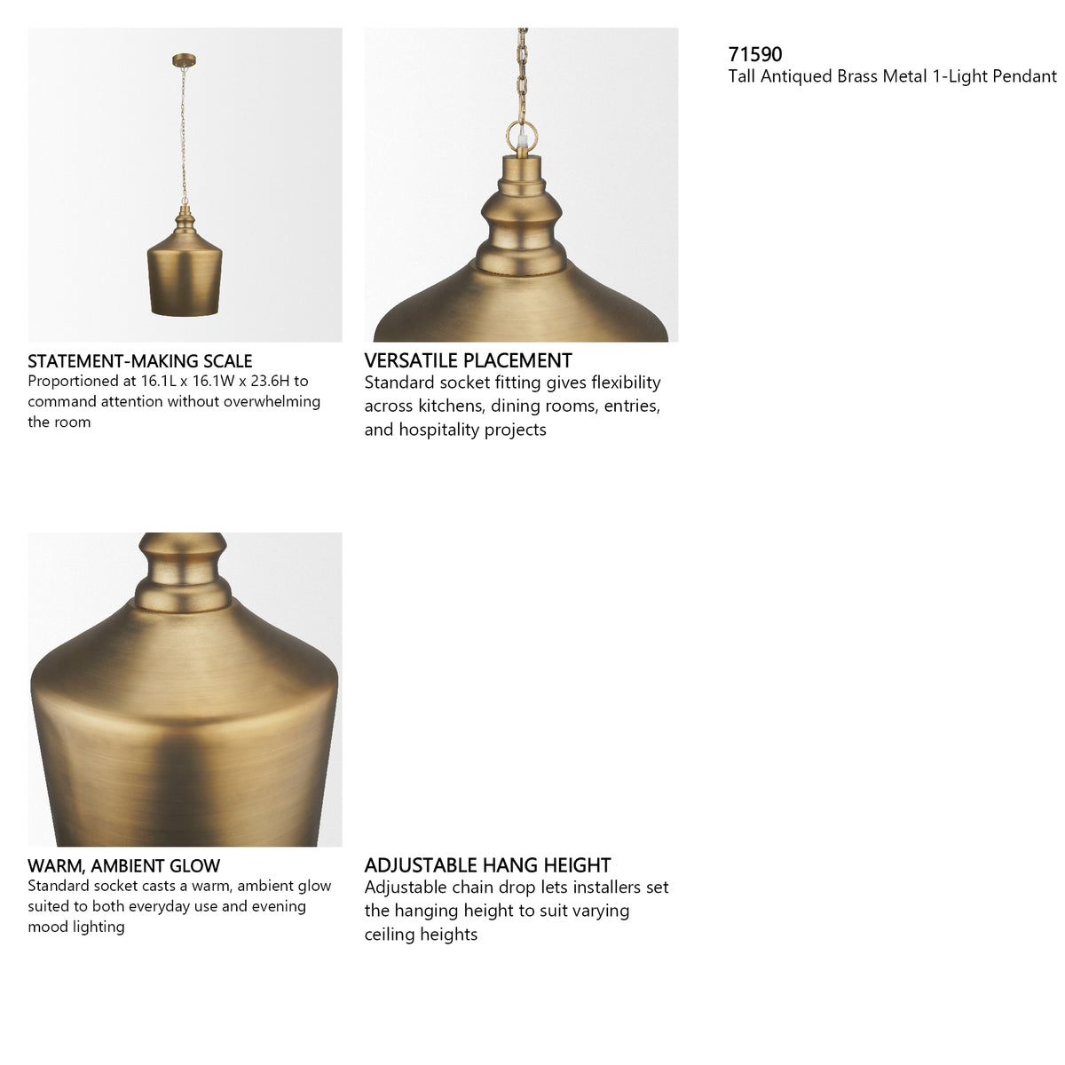 Keller Tall Antiqued Brass Metal 1-Light Pendant from Mercana - Luna Furniture