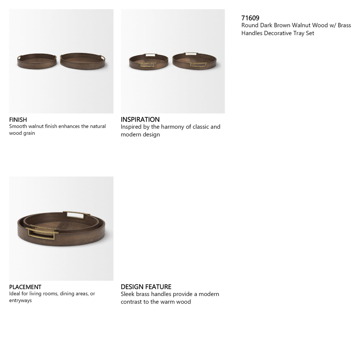 Langford Round Dark Brown Walnut Wood w/ Brass Handles Decorative Tray Set from Mercana - Luna Furniture