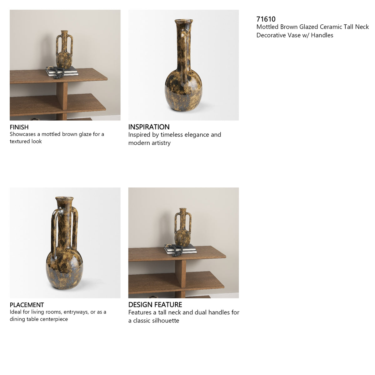 Aven Mottled Brown Glazed Ceramic Tall Neck Decorative Vase w/ Handles from Mercana - Luna Furniture