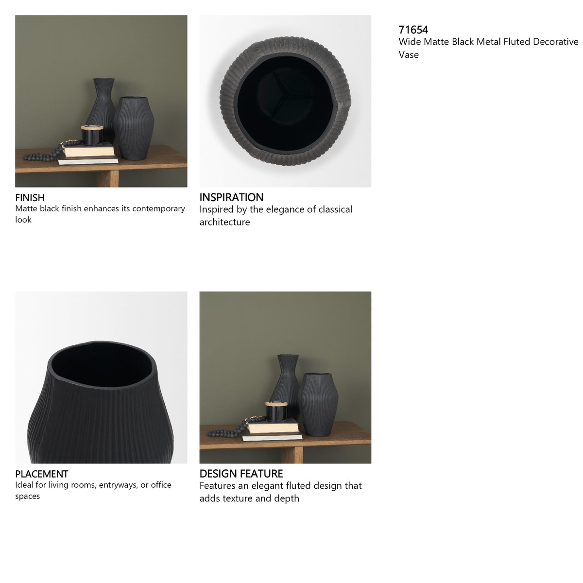 Patine Wide Matte Black Metal Fluted Decorative Vase