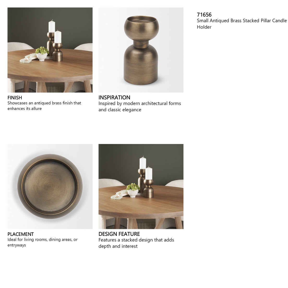 Pelar Small Antiqued Brass Stacked Pillar Candle Holder