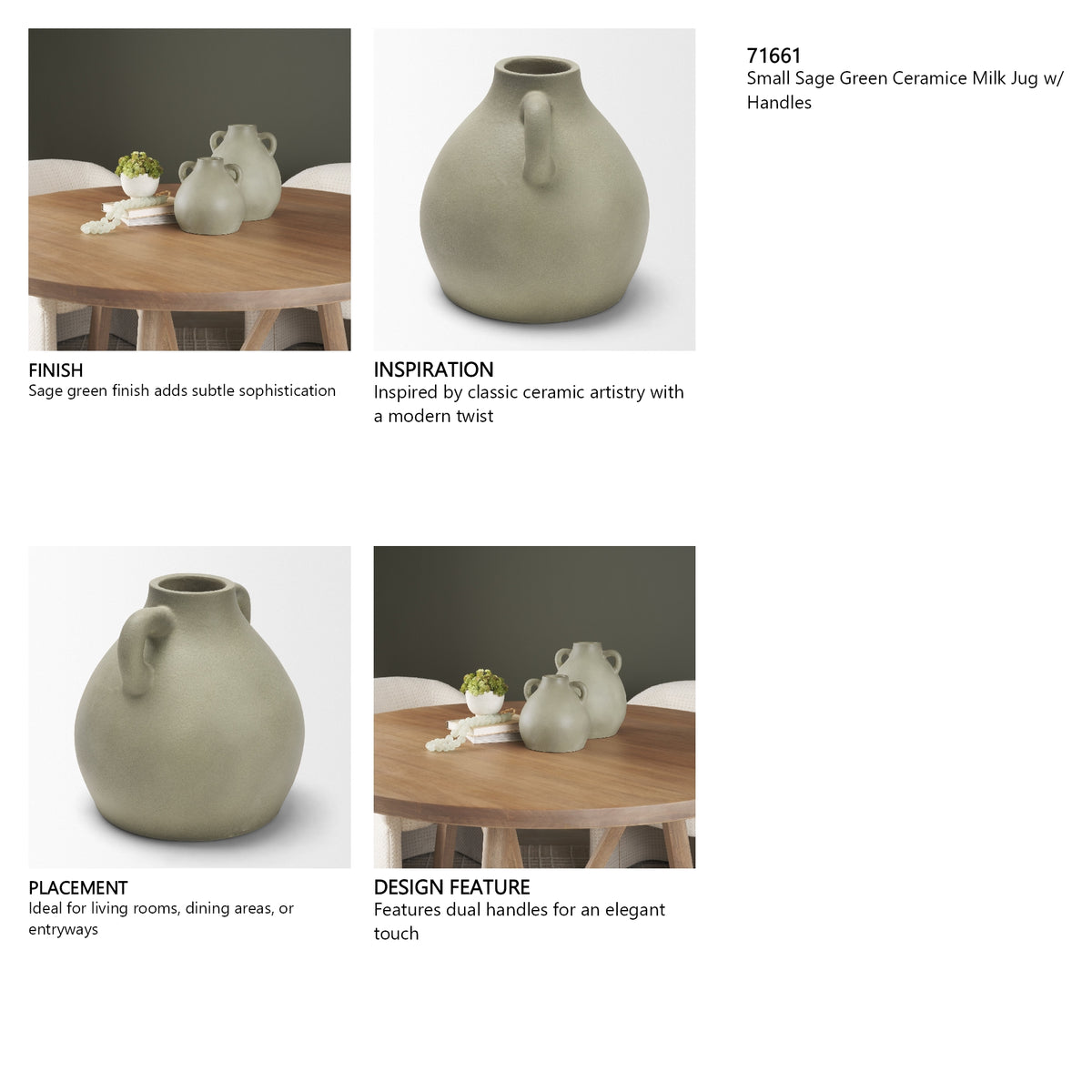 Cantara Small Sage Green Ceramic Milk Jug w/ Handles from Mercana - Luna Furniture