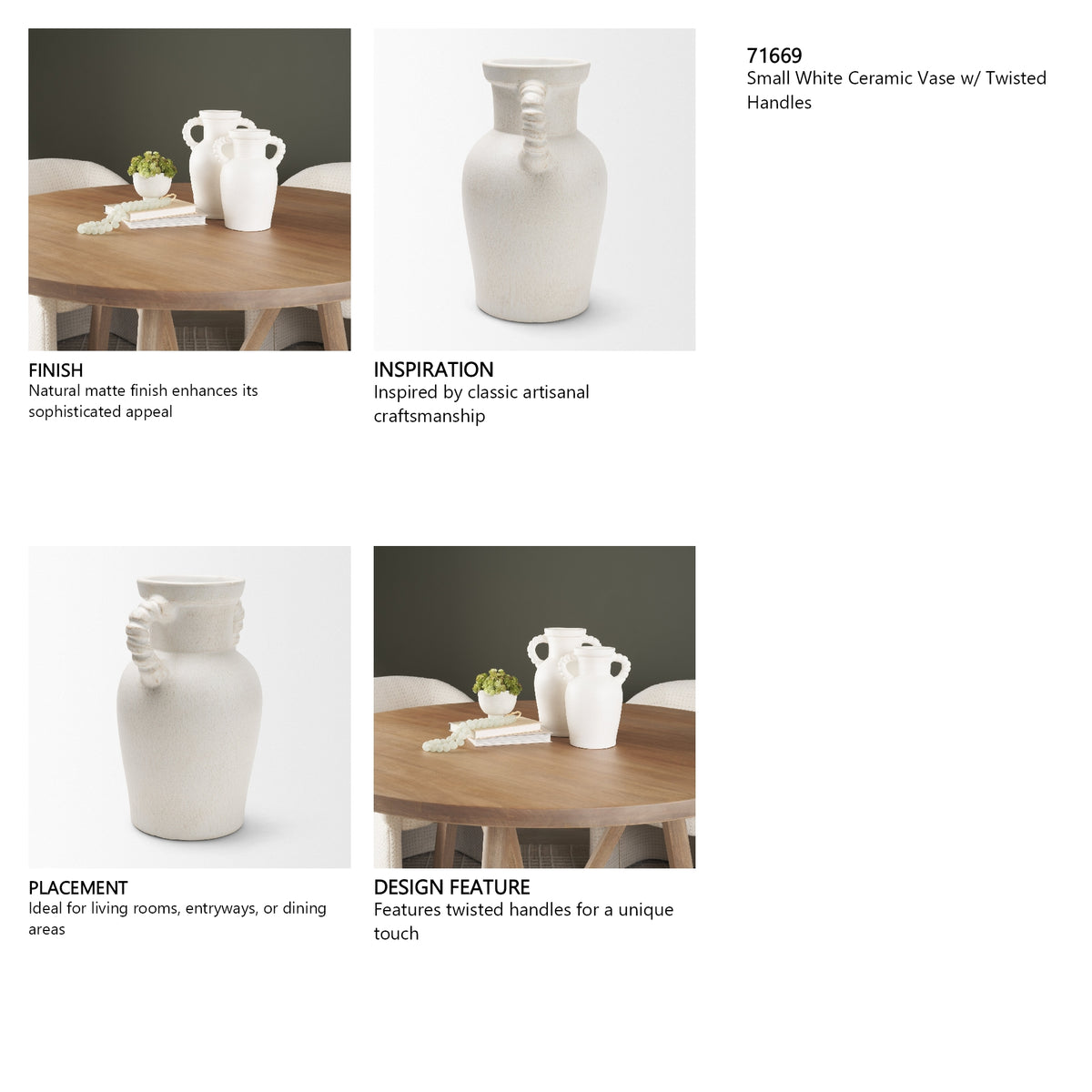 Trenza Small White Ceramic Vase w/ Twisted Handles from Mercana - Luna Furniture