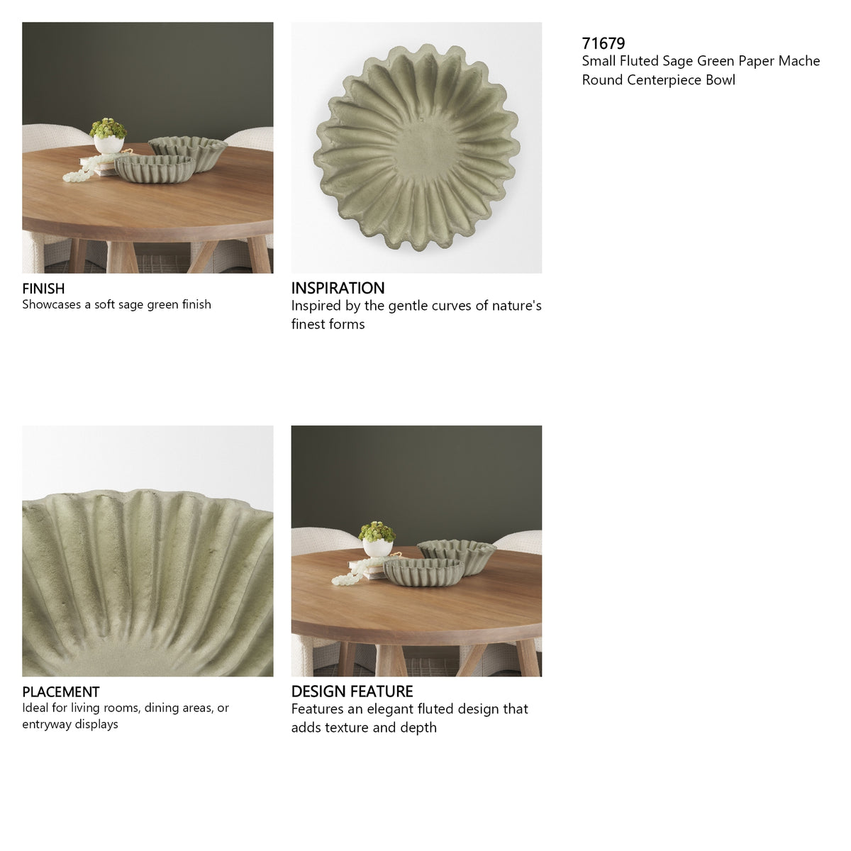 Camelia Small Fluted Sage Green Paper Mache Round Centerpiece Bowl from Mercana - Luna Furniture