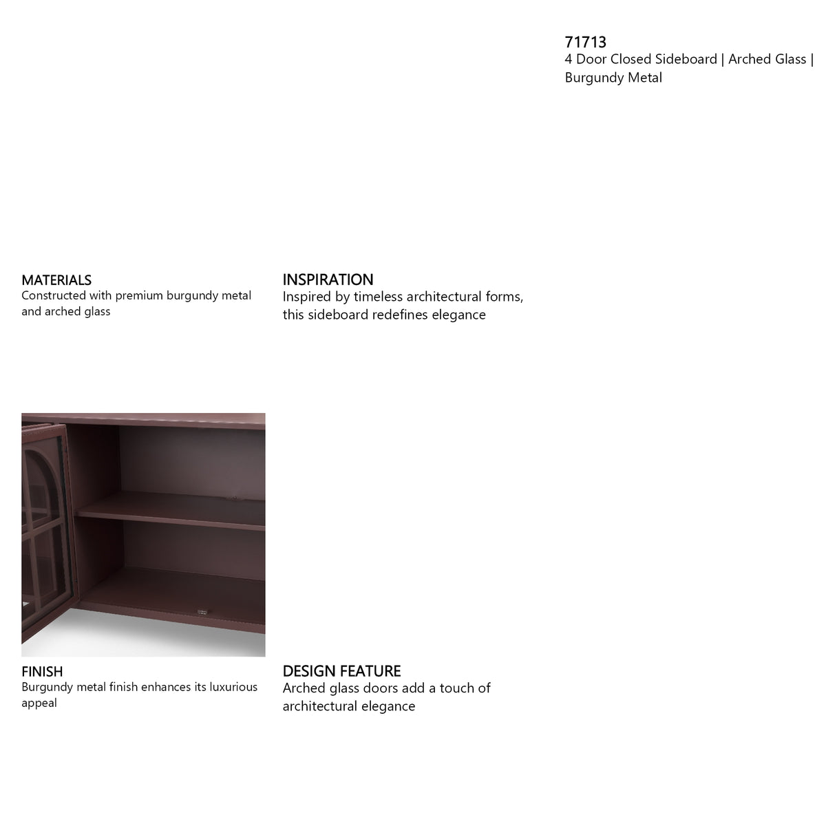 Rousseau 4 Door Closed Sideboard | Arched Glass | Burgundy Metal from Mercana - Luna Furniture