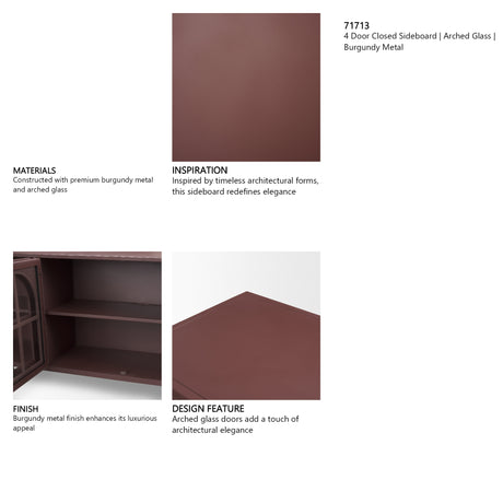 Rousseau 4 Door Closed Sideboard | Arched Glass | Burgundy Metal from Mercana - Luna Furniture