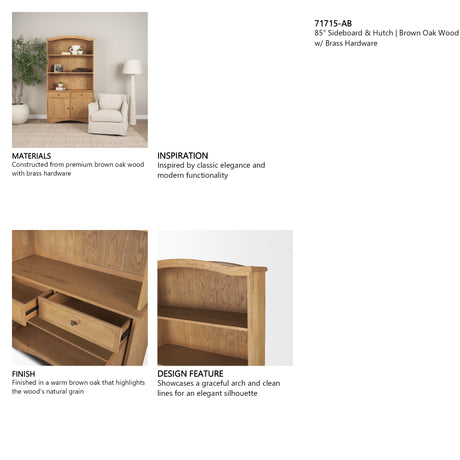Carrington 85" Sideboard & Hutch | Brown Oak Wood w/ Brass Hardware from Mercana - Luna Furniture