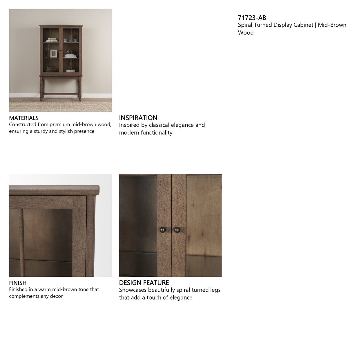 Cromwell Spiral Turned Display Cabinet | Mid-Brown Wood from Mercana - Luna Furniture