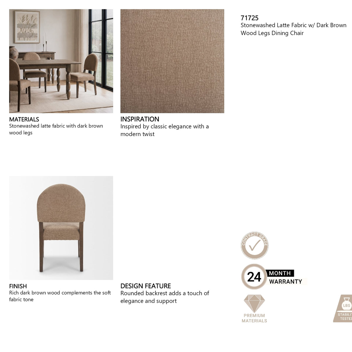 Martie Rounded Back Dining Side Chair | Fabric w/ Wood, Set of 2