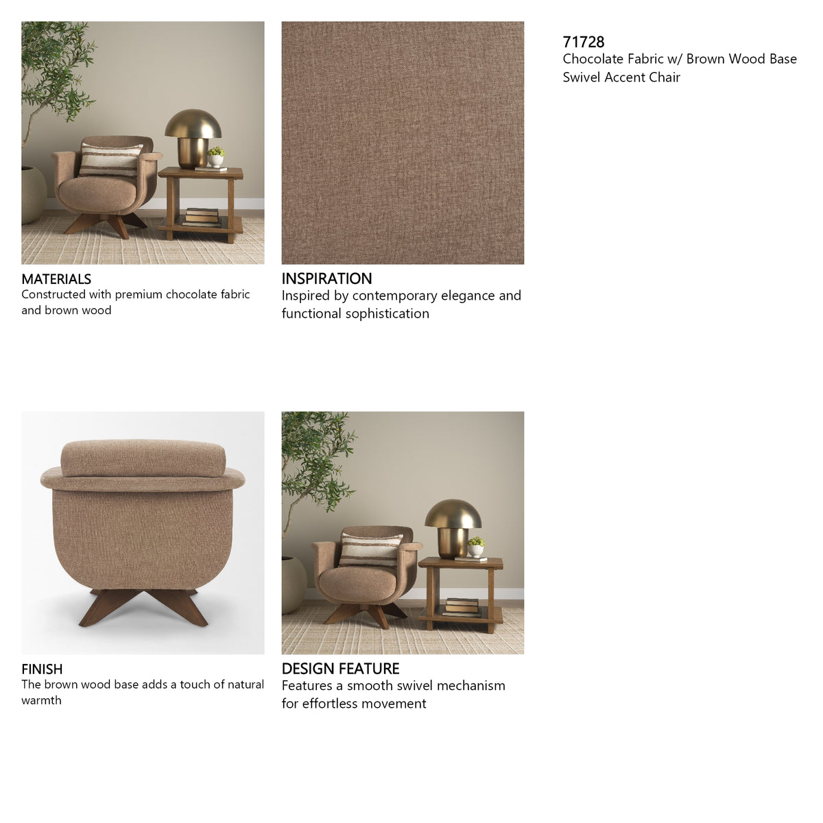 Oskar Chocolate Fabric w/ Brown Wood Base Swivel Accent Chair from Mercana - Luna Furniture