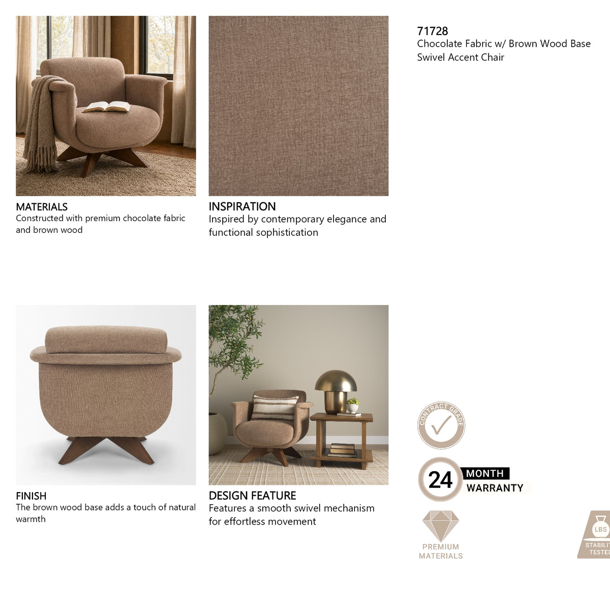 Oskar Chocolate Fabric w/ Brown Wood Base Swivel Accent Chair from Mercana - Luna Furniture