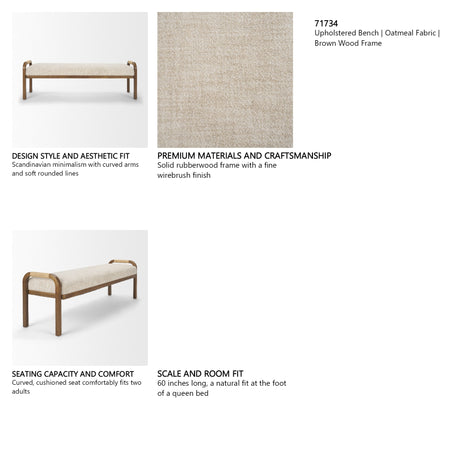 Freya Upholstered Bench | Oatmeal Fabric | Brown Wood Frame from Mercana - Luna Furniture