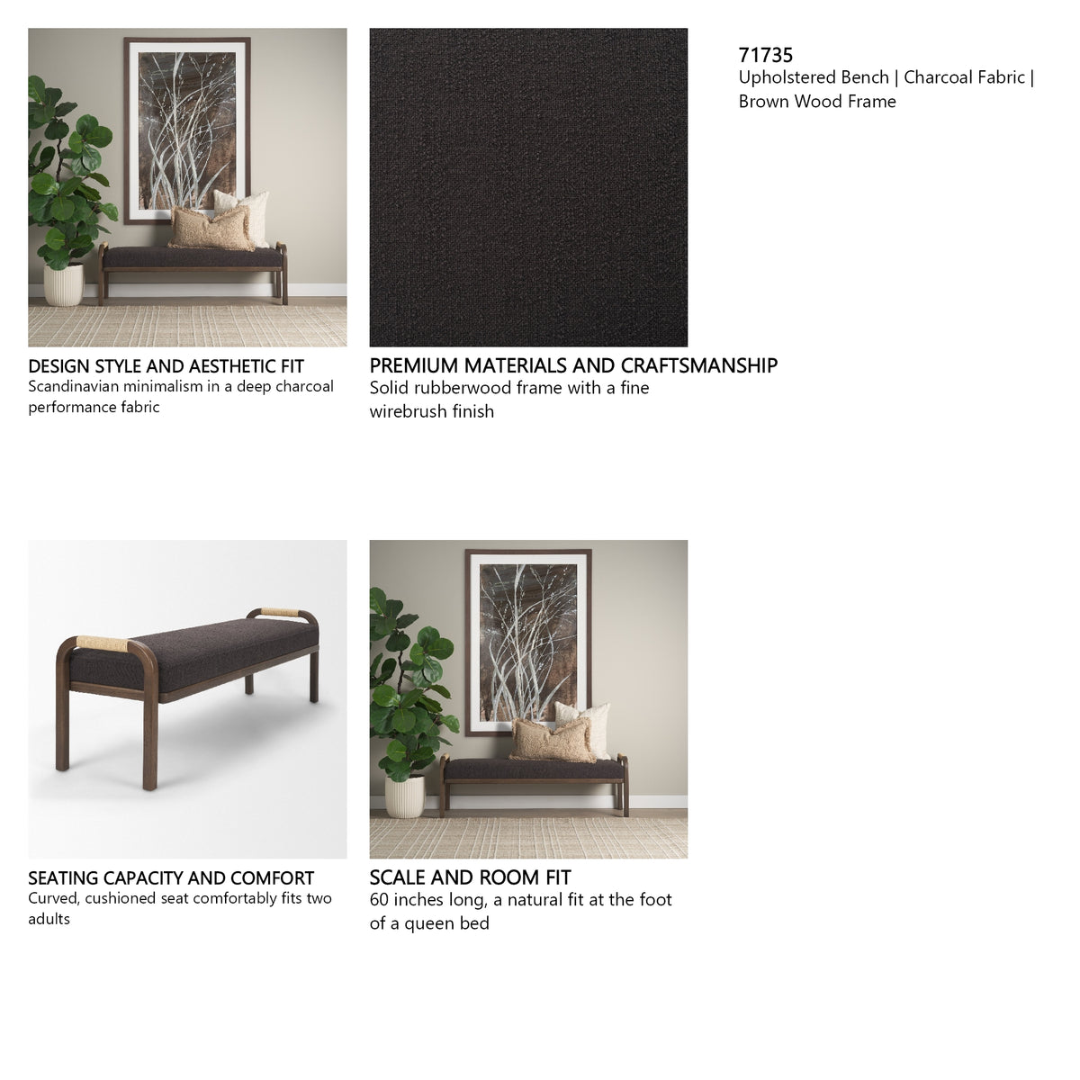 Freya Upholstered Bench | Charcoal Fabric | Brown Wood Frame from Mercana - Luna Furniture