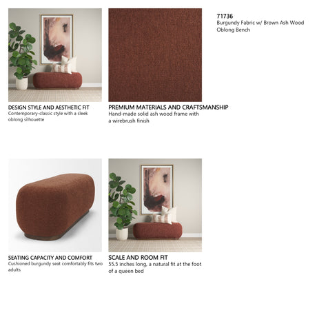 Siren Burgundy Fabric w/ Brown Ash Wood Oblong Bench from Mercana - Luna Furniture