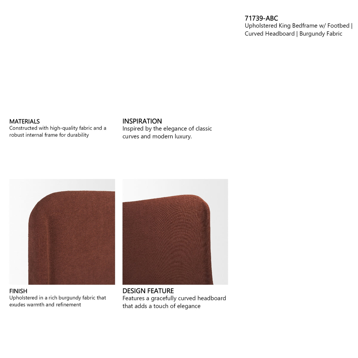 Solene King Upholstered Bedframe w/ Footbed | Curved Headboard | Burgundy Fabric from Mercana - Luna Furniture