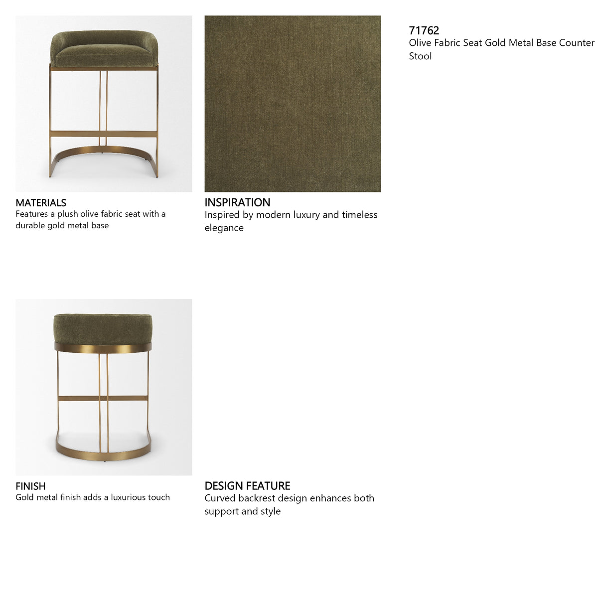 Hollyfield Backless 28.7in Seat Bar Stool | Olive Fabric w/ Gold Metal from Mercana - Luna Furniture