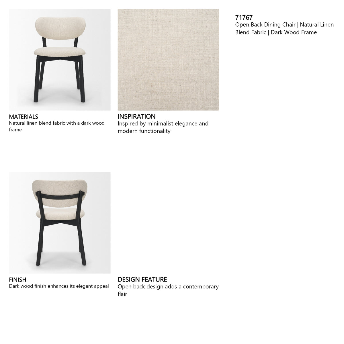 Cole Open Back Dining Side Chair | Natural Linen w/ Dark Wood, Set of 2