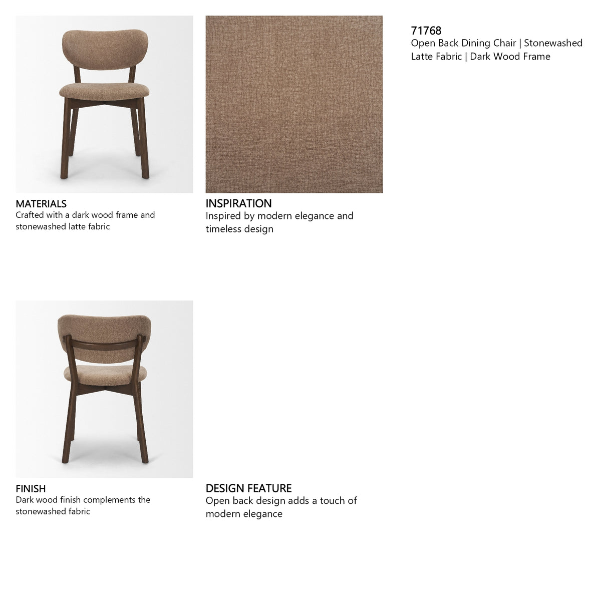 Cole Open Back Dining Side Chair | Stonewashed Latte Fabric w/ Wood, Set of 2