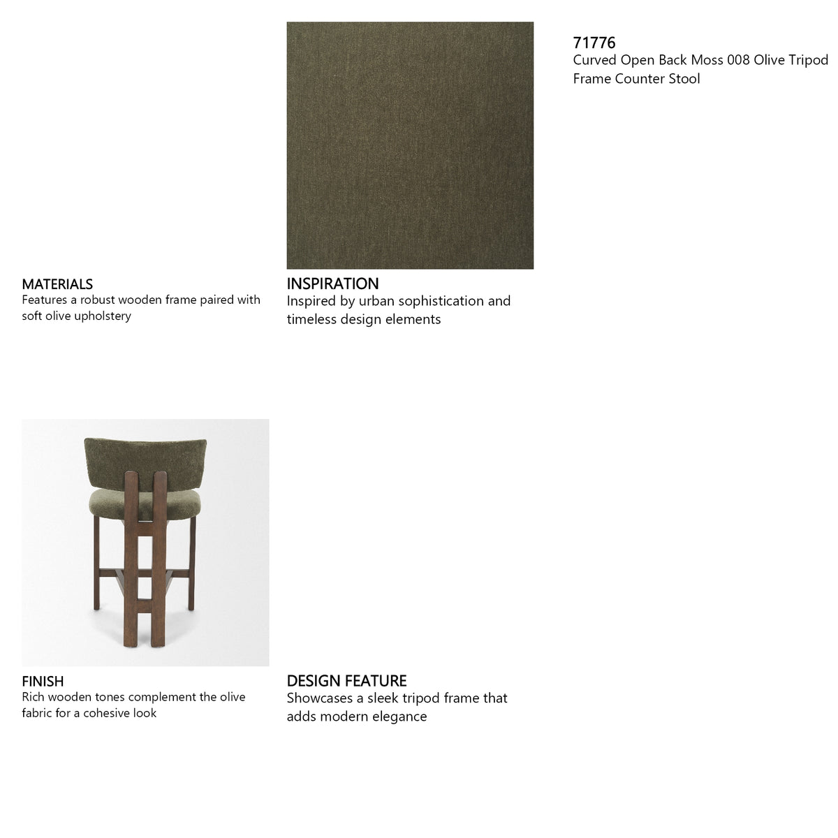 Soho Open Back 35.3in Seat Counter Stool | Olive Fabric w/ Brown Wood from Mercana - Luna Furniture
