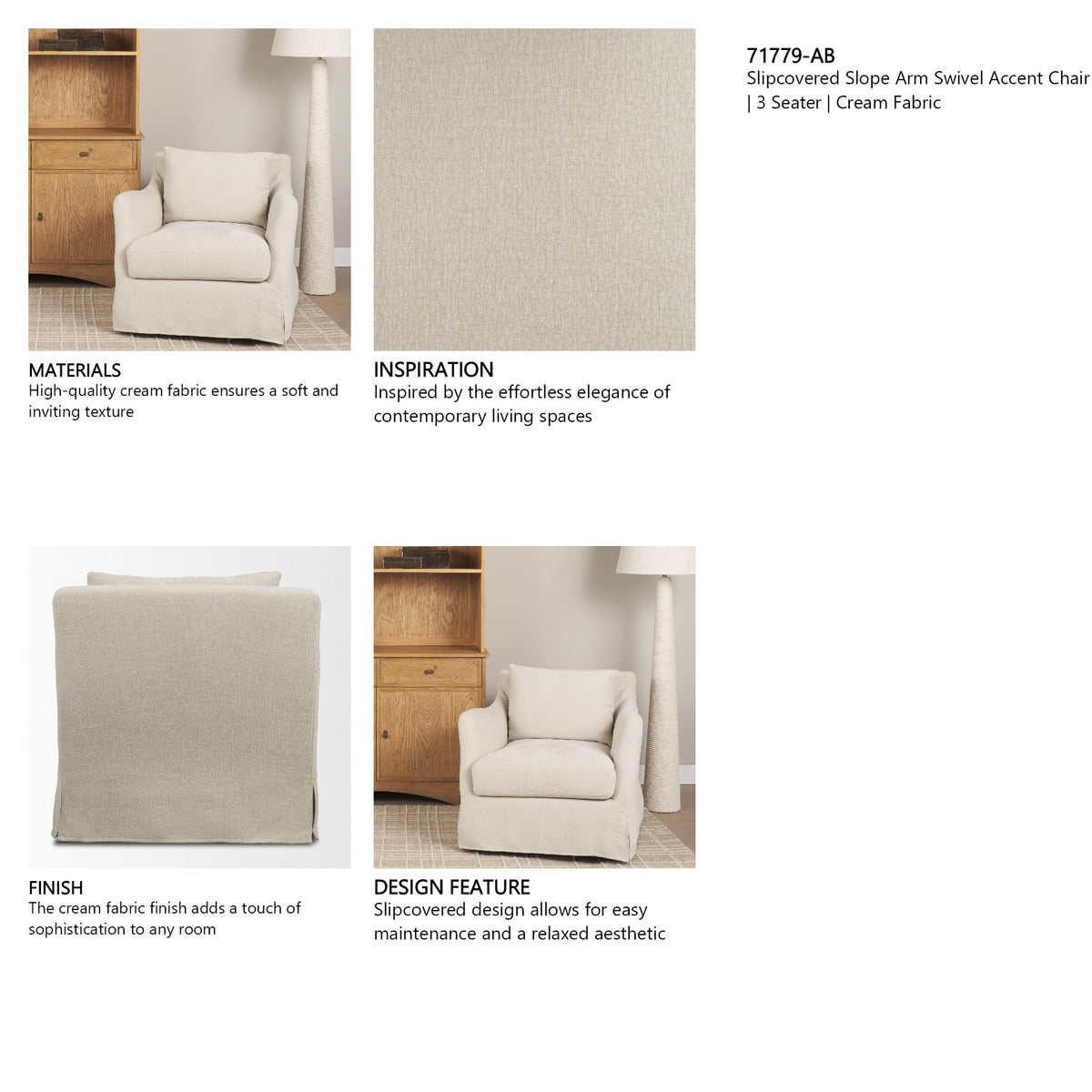 Ellington Slipcovered Slope Arm Swivel Swivel Accent Chair | Cream Fabric from Mercana - Luna Furniture