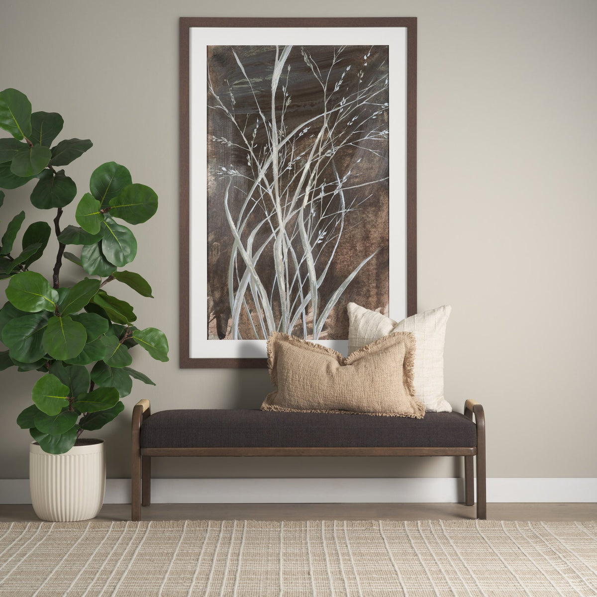 Freya Upholstered Bench | Charcoal Fabric | Brown Wood Frame from Mercana - Luna Furniture