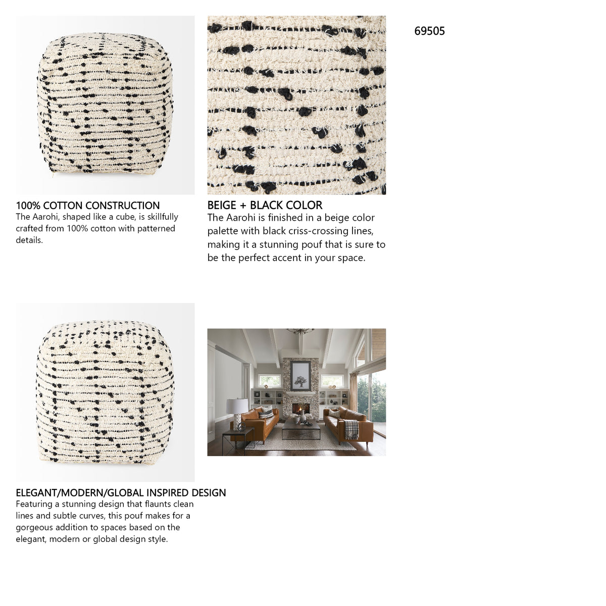 Aarohi 16.0L x 16.0W x 16.0H Cream/Black Cotton Patterned Pouf from Mercana - Luna Furniture